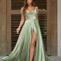 A-Line/Princess Silk like Satin Ruffles Spaghetti Straps Sleeveless Sweep/Brush Train Dresses