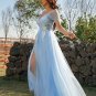 A-Line/Princess Tulle Applique V-neck Short Sleeves Sweep/Brush Train Dresses