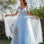 A-Line/Princess Tulle Applique V-neck Short Sleeves Sweep/Brush Train Dresses