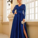 A-Line/Princess Satin Lace V-neck Long Sleeves Floor-Length Dresses