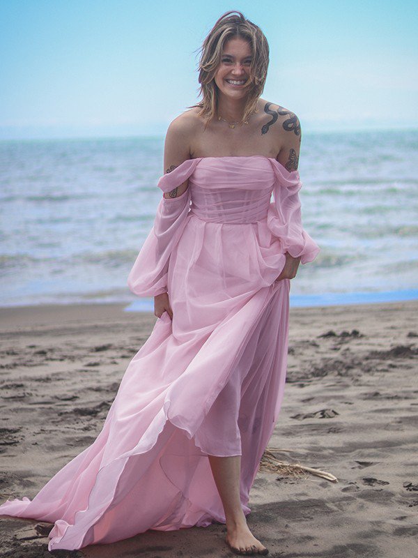 A-Line/Princess Chiffon Ruched Off-the-Shoulder Long Sleeves Sweep/Brush Train Dresses