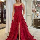 A-Line/Princess Tulle Applique Spaghetti Straps Sleeveless Court Train Dresses