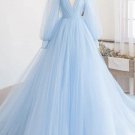 A-Line/Princess Tulle Ruffles V-neck Long Sleeves Sweep/Brush Train Dresses