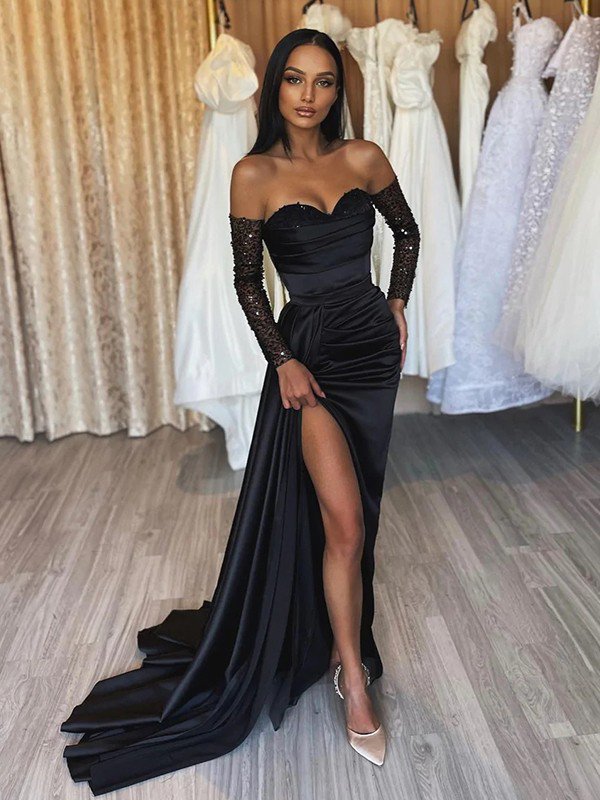 Elastic Woven Satin Ruched Off-the-Shoulder Long Sleeves Sweep/Brush Train Dresses