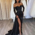 Elastic Woven Satin Ruched Off-the-Shoulder Long Sleeves Sweep/Brush Train Dresses