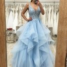 A-Line/Princess Tulle Applique V-neck Sleeveless Floor-Length Dresses