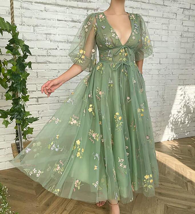 Dusty Green Embroidery Flowers Tulle Prom Dress, Deep V-Neck Evening Dress Half Sleeves Tea-Length