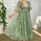 Dusty Green Embroidery Flowers Tulle Prom Dress, Deep V-Neck Evening Dress Half Sleeves Tea-Length
