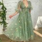Dusty Green Embroidery Flowers Tulle Prom Dress, Deep V-Neck Evening Dress Half Sleeves Tea-Length