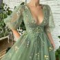Dusty Green Embroidery Flowers Tulle Prom Dress, Deep V-Neck Evening Dress Half Sleeves Tea-Length