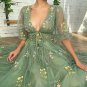 Dusty Green Embroidery Flowers Tulle Prom Dress, Deep V-Neck Evening Dress Half Sleeves Tea-Length