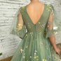 Dusty Green Embroidery Flowers Tulle Prom Dress, Deep V-Neck Evening Dress Half Sleeves Tea-Length