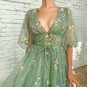 Dusty Green Embroidery Flowers Tulle Prom Dress, Deep V-Neck Evening Dress Half Sleeves Tea-Length