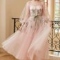 A Line Jewel Light Nude Tea Length Prom Dress with Long Sleeves
