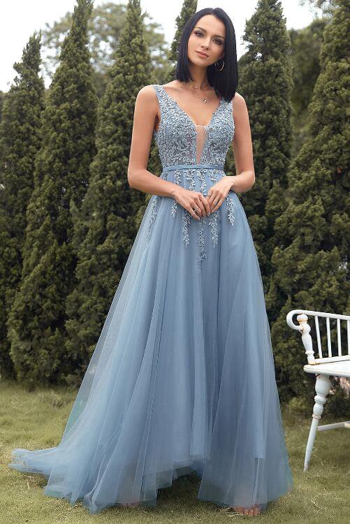 A-line Long Blue Prom Dress with Appliques