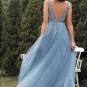 A-line Long Blue Prom Dress with Appliques