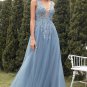 A-line Long Blue Prom Dress with Appliques