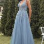 A-line Long Blue Prom Dress with Appliques