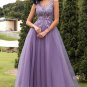 A Line V Neck Purple Long Prom Dress with Appliques