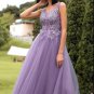 A Line V Neck Purple Long Prom Dress with Appliques