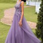 A Line V Neck Purple Long Prom Dress with Appliques