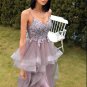 A Line Spaghetti Straps Purple Grey Long Prom Dress with Appliques