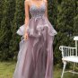 A Line Spaghetti Straps Purple Grey Long Prom Dress with Appliques