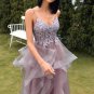 A Line Spaghetti Straps Purple Grey Long Prom Dress with Appliques