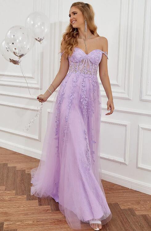 Purple Off the Shoulder Long Prom Dress with Appliques