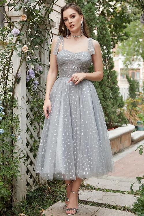Grey Spaghetti Straps Tea-Length Prom Dress With Bowknots