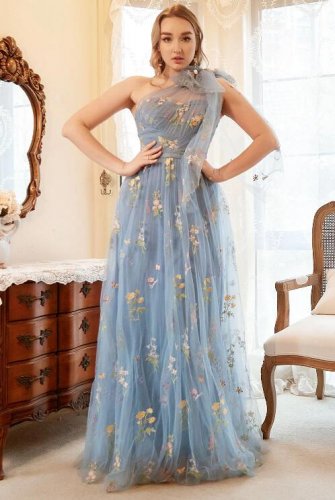 blue dress for baby girl Maeve Modest Prom Dress in Dusty Blue – A Closet Full of Dresses main image 1