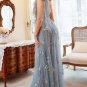 A Line One Shoulder Grey Blue Plus Size Prom Dress with Embroidery