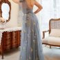 A Line One Shoulder Grey Blue Plus Size Prom Dress with Embroidery