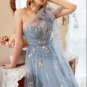 A Line One Shoulder Grey Blue Plus Size Prom Dress with Embroidery