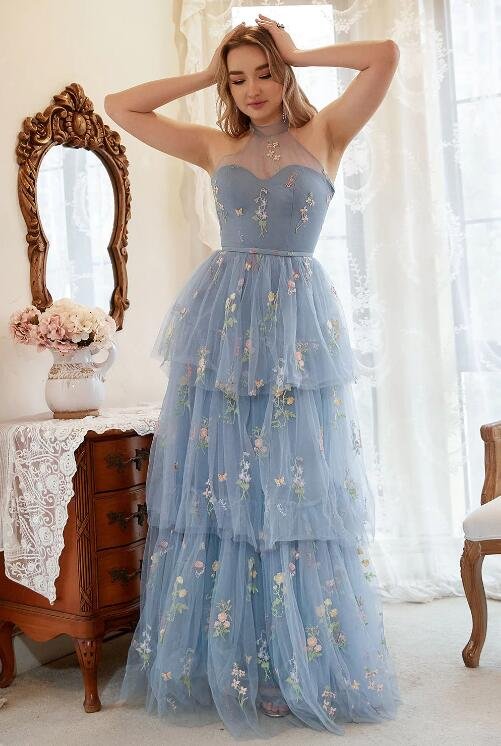A Line Halter Grey Blue Plus Size Prom Dress with Embroidery