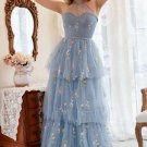 A Line Halter Grey Blue Plus Size Prom Dress with Embroidery
