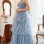 A Line Halter Grey Blue Plus Size Prom Dress with Embroidery