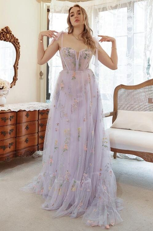 Lavender Tulle A Line Corset Plus Size Prom Dress with Embroidered