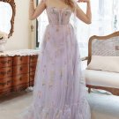 Lavender Tulle A Line Corset Plus Size Prom Dress with Embroidered