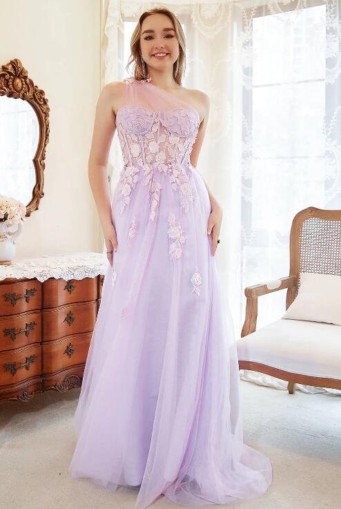 A Line One Shoulder Purple Plus Size Prom Dress with Appliques