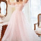 A Line Off the Shoulder Blush Plus Size Prom Dress with Embroidery