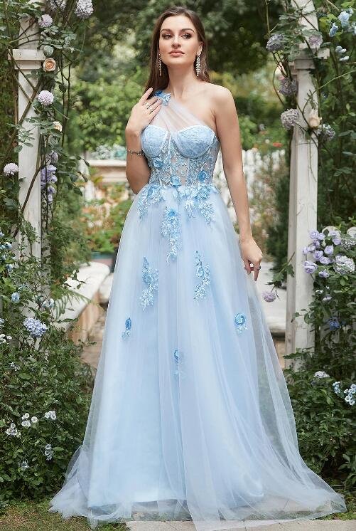 Sky Blue A Line One Shoulder Long Prom Dress with Appliques