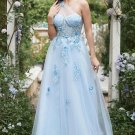 Sky Blue A Line One Shoulder Long Prom Dress with Appliques