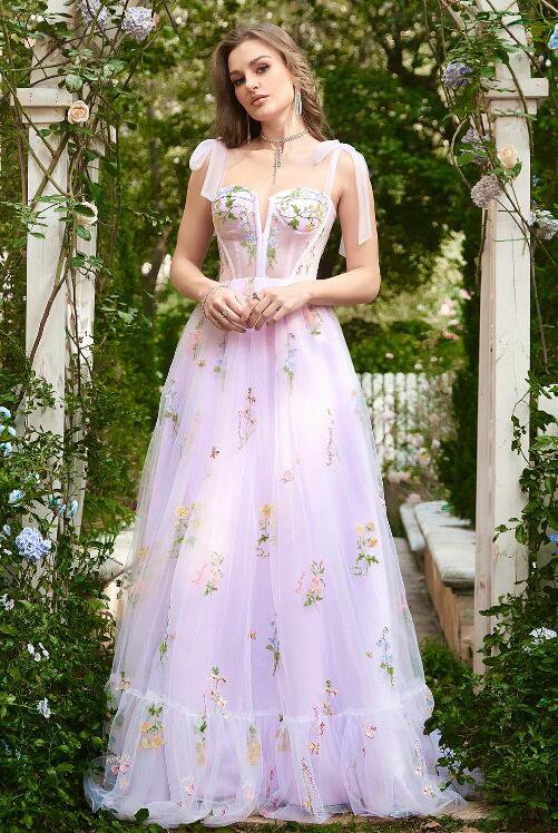 A-line Lilac Embroidery Corset Long Prom Dress