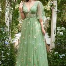 A-Line V-Neck Spaghetti Straps Embroidery Green Long Prom Dress with Slit