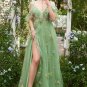 A-Line V-Neck Spaghetti Straps Embroidery Green Long Prom Dress with Slit