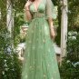 A-Line V-Neck Spaghetti Straps Embroidery Green Long Prom Dress with Slit