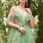 A-Line V-Neck Spaghetti Straps Embroidery Green Long Prom Dress with Slit