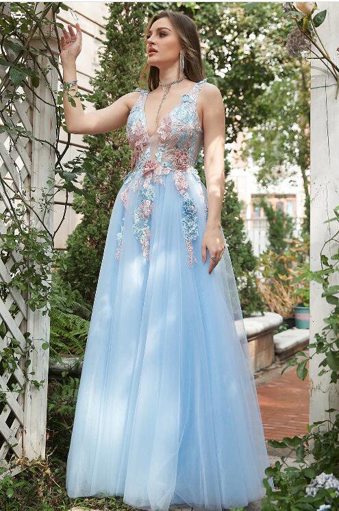A Line Deep V Neck Light Blue Long Prom Dresses with Appliques