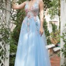 A Line Deep V Neck Light Blue Long Prom Dresses with Appliques